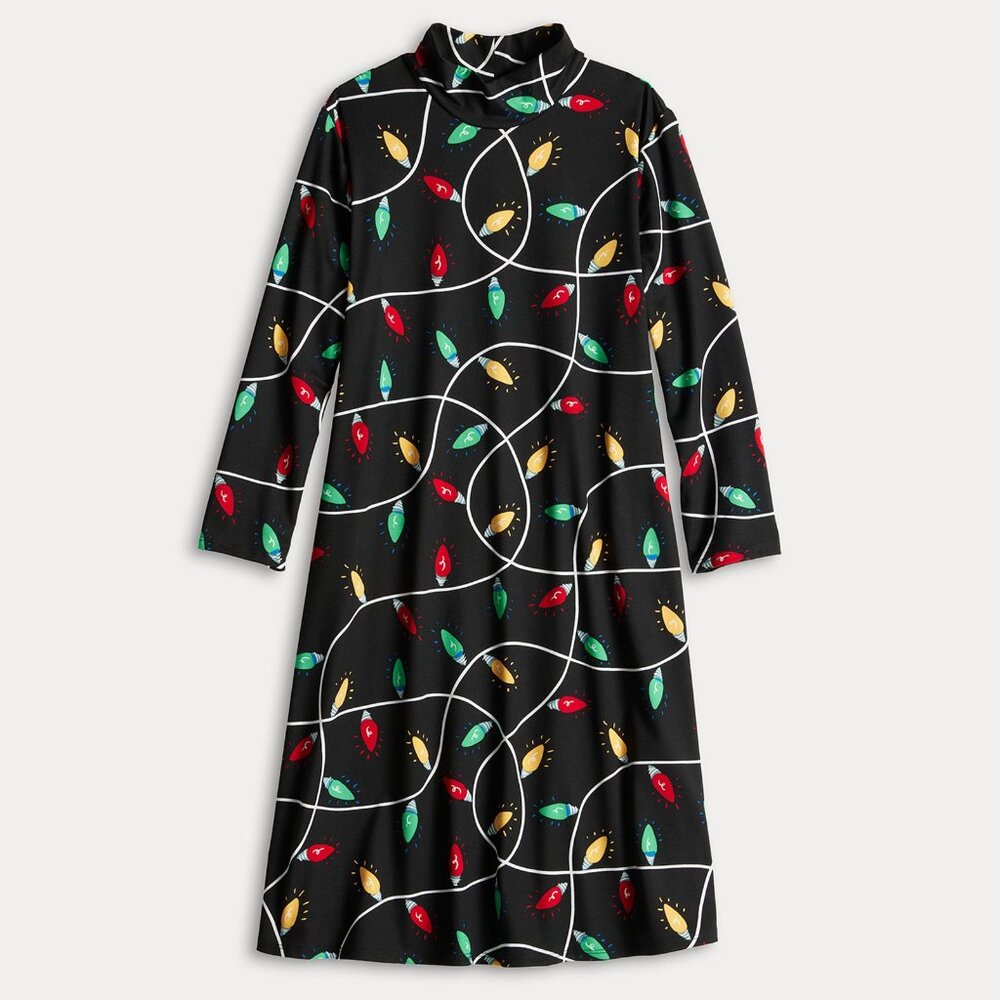Celebrate Together‎ Sz 1X Black Stretch Midi Dress Christmas Pajama Lounge